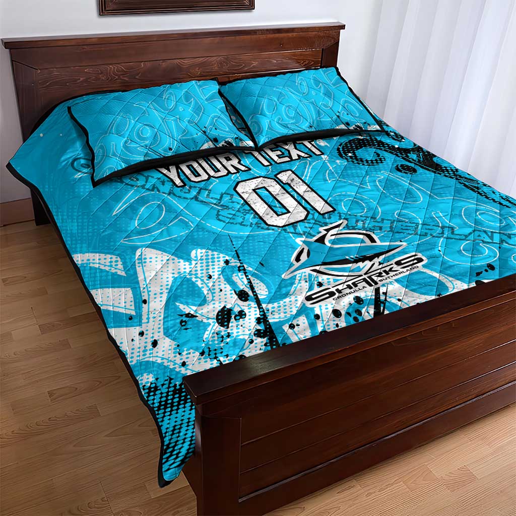Personalized Cronulla-Sutherland Sharks Rugby Quilt Bed Set Urban Street Graffiti Style - Distressed Splatter Elements