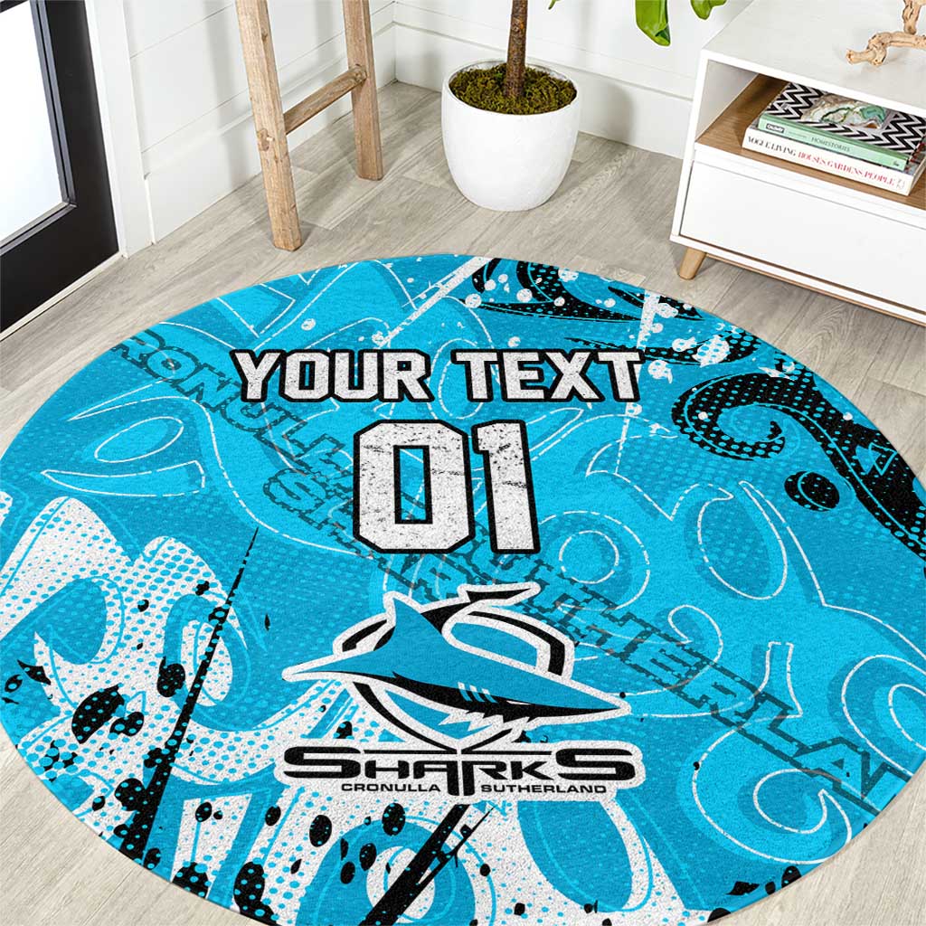 Personalized Cronulla-Sutherland Sharks Rugby Round Carpet Urban Street Graffiti Style - Distressed Splatter Elements