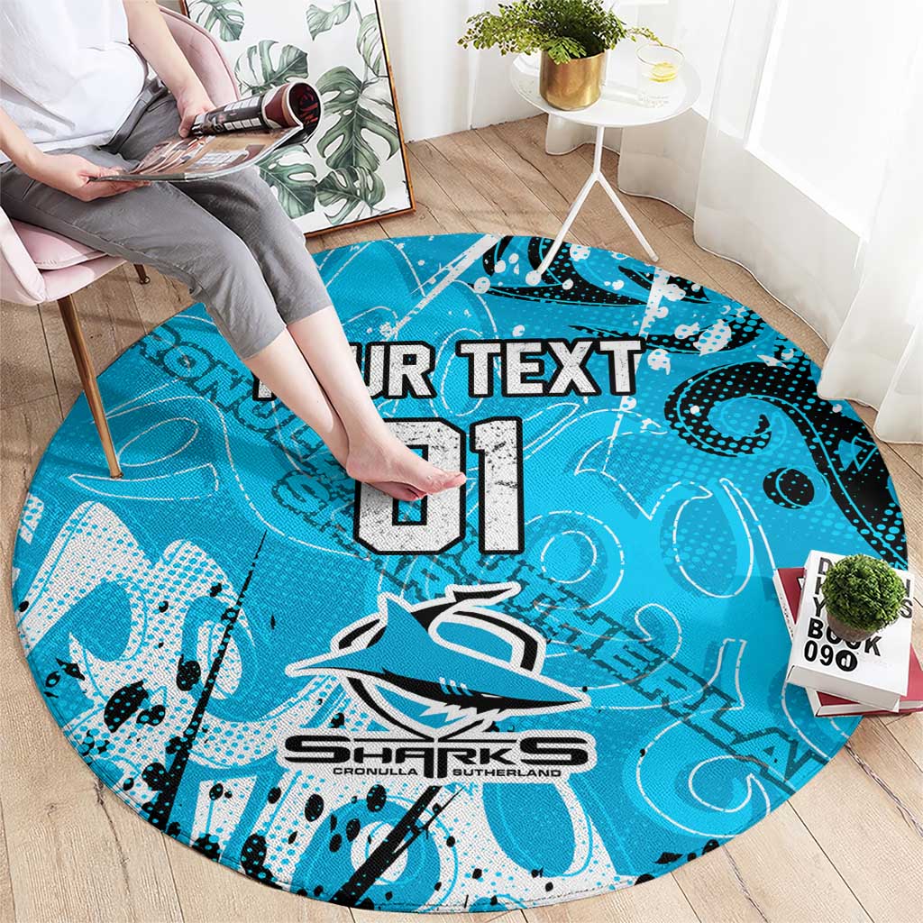 Personalized Cronulla-Sutherland Sharks Rugby Round Carpet Urban Street Graffiti Style - Distressed Splatter Elements