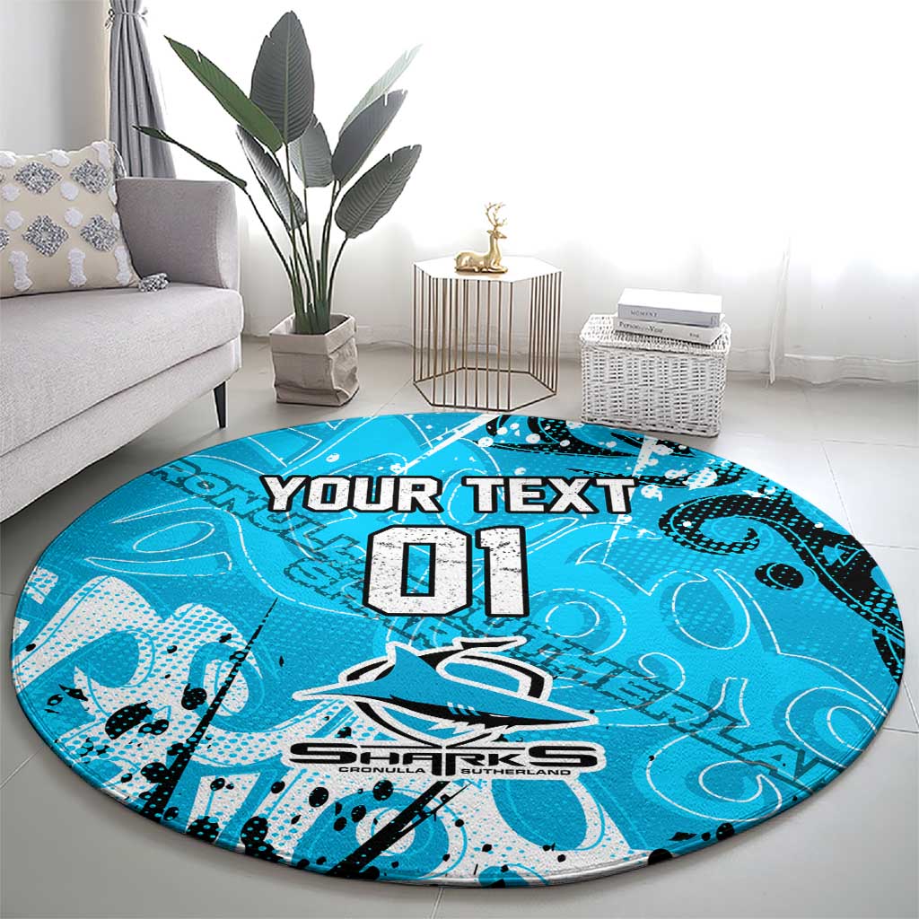 Personalized Cronulla-Sutherland Sharks Rugby Round Carpet Urban Street Graffiti Style - Distressed Splatter Elements