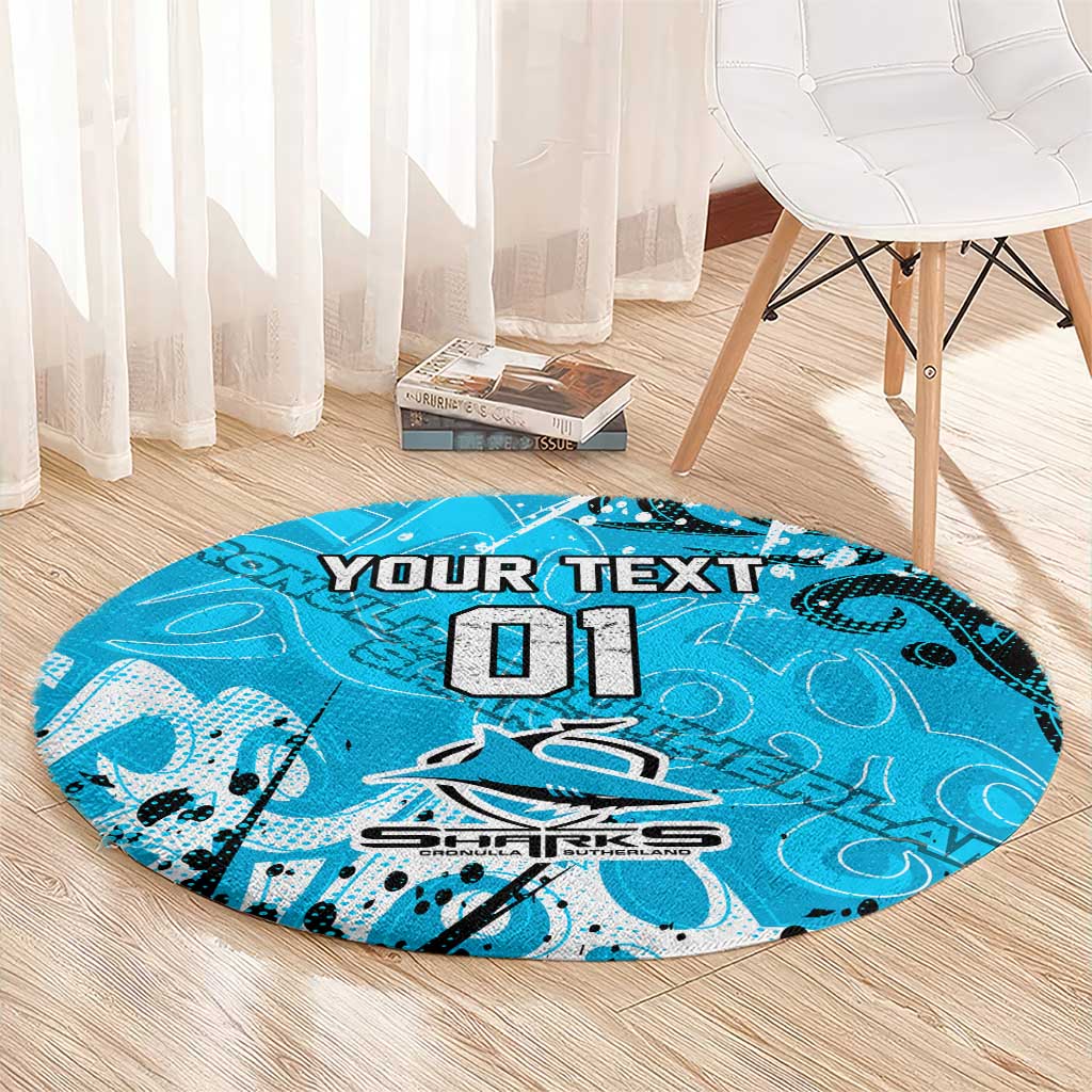 Personalized Cronulla-Sutherland Sharks Rugby Round Carpet Urban Street Graffiti Style - Distressed Splatter Elements