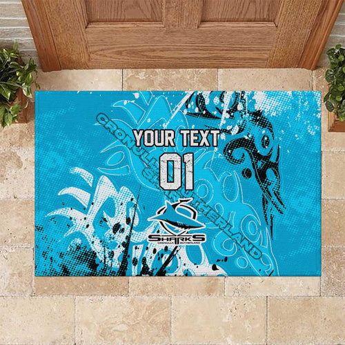 Personalized Cronulla-Sutherland Sharks Rugby Rubber Doormat Urban Street Graffiti Style - Distressed Splatter Elements