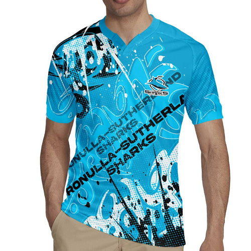 Personalized Cronulla-Sutherland Sharks Rugby Rugby Jersey Urban Street Graffiti Style - Distressed Splatter Elements
