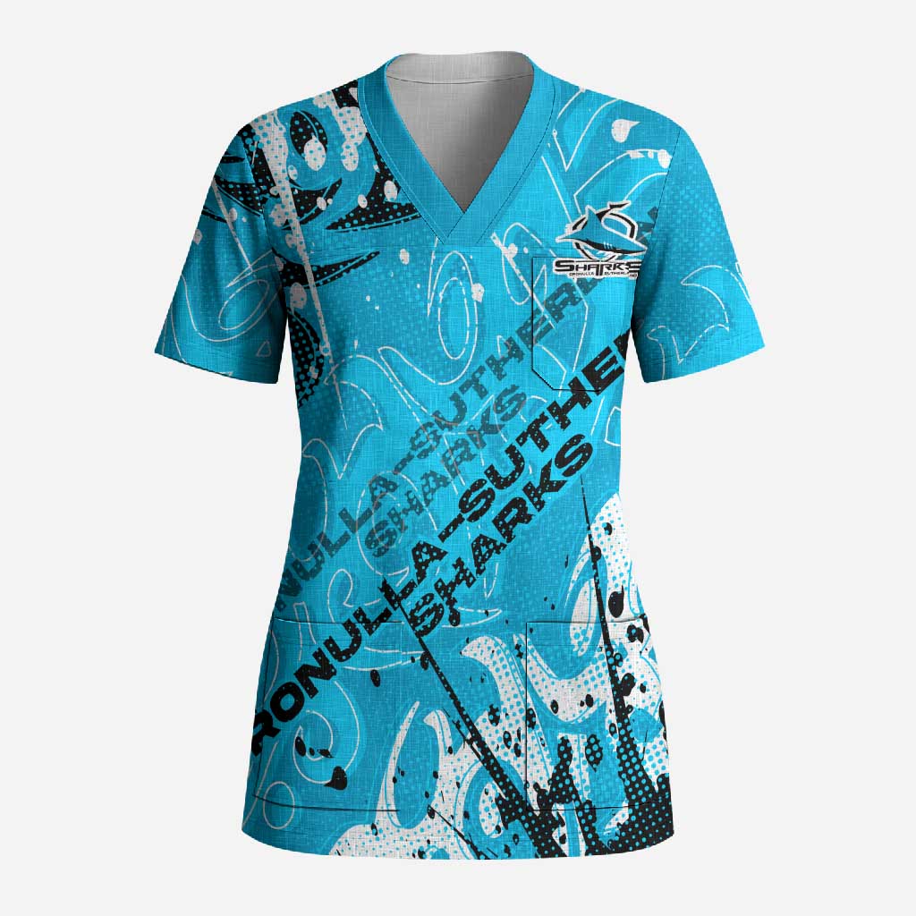 Personalized Cronulla-Sutherland Sharks Rugby Scrub Top Urban Street Graffiti Style - Distressed Splatter Elements