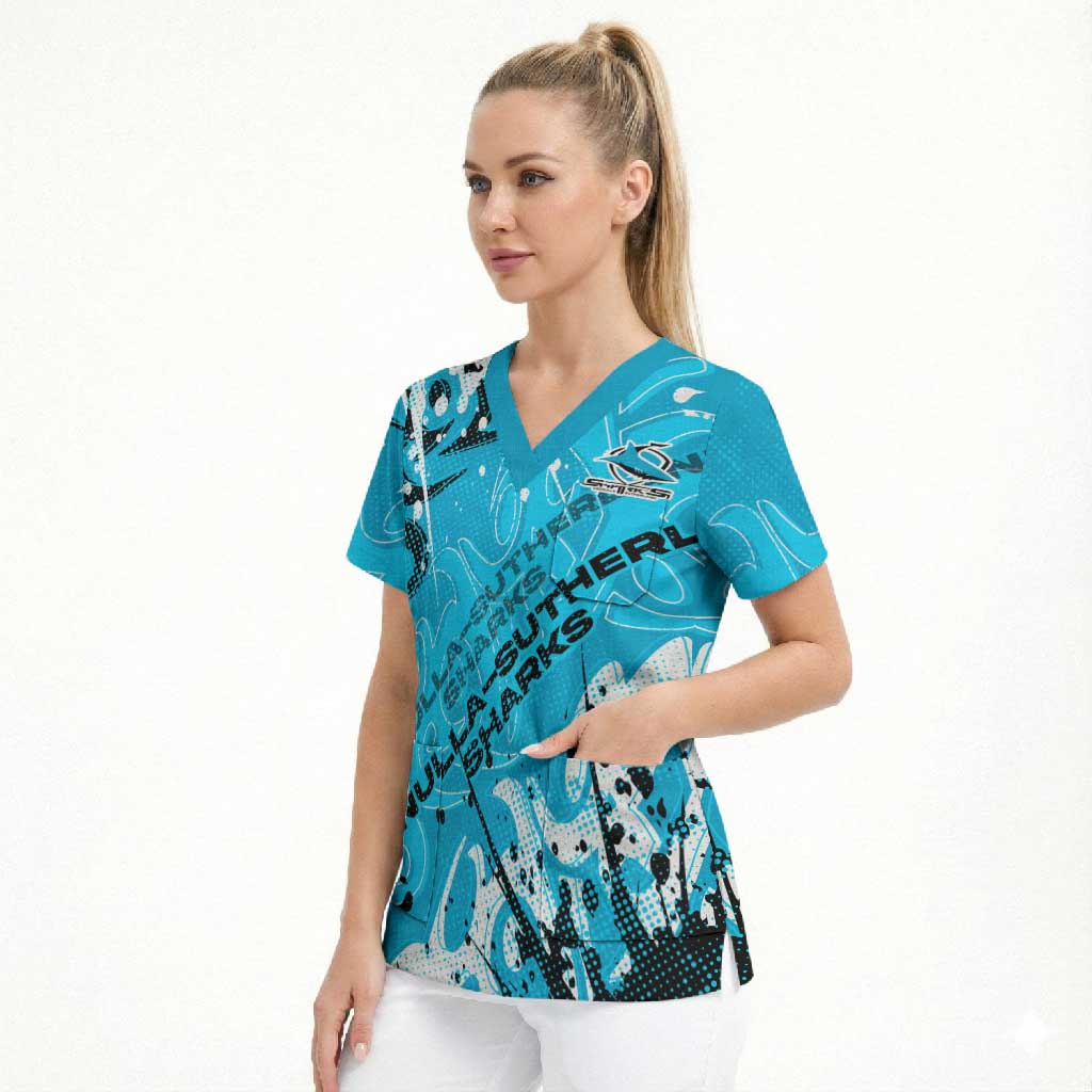 Personalized Cronulla-Sutherland Sharks Rugby Scrub Top Urban Street Graffiti Style - Distressed Splatter Elements