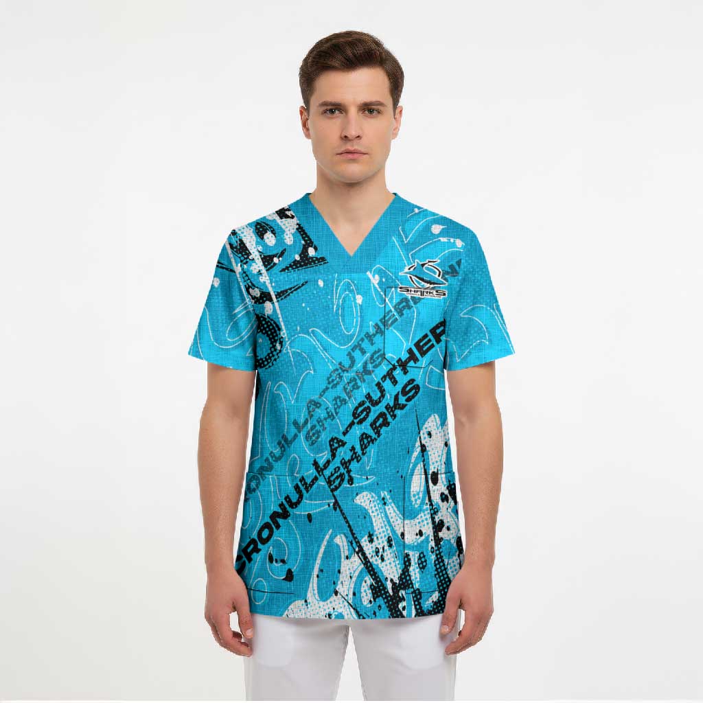 Personalized Cronulla-Sutherland Sharks Rugby Scrub Top Urban Street Graffiti Style - Distressed Splatter Elements