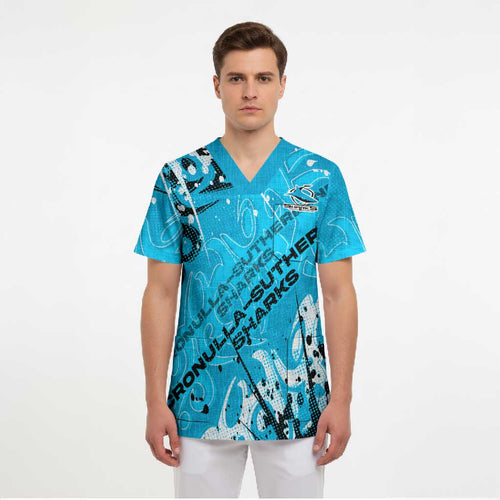 Personalized Cronulla-Sutherland Sharks Rugby Scrub Top Urban Street Graffiti Style - Distressed Splatter Elements