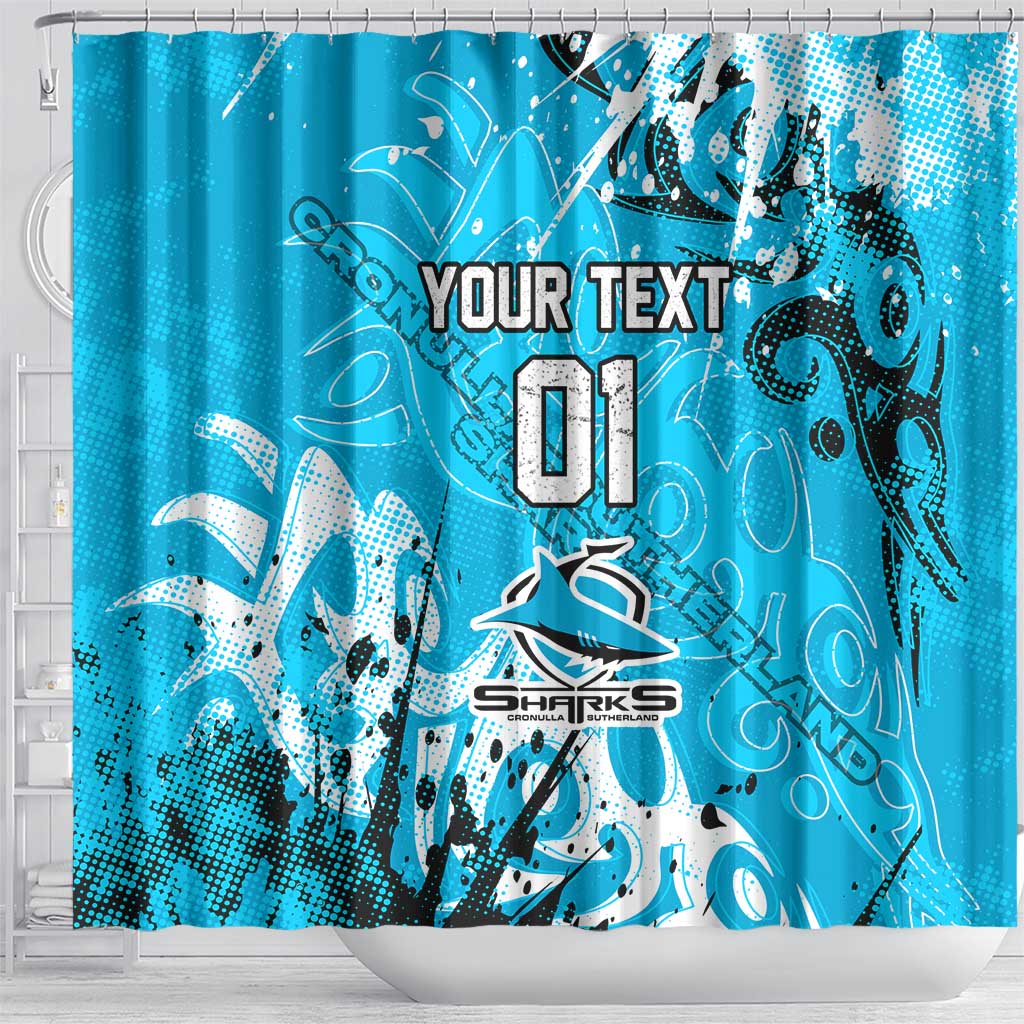 Personalized Cronulla-Sutherland Sharks Rugby Shower Curtain Urban Street Graffiti Style - Distressed Splatter Elements
