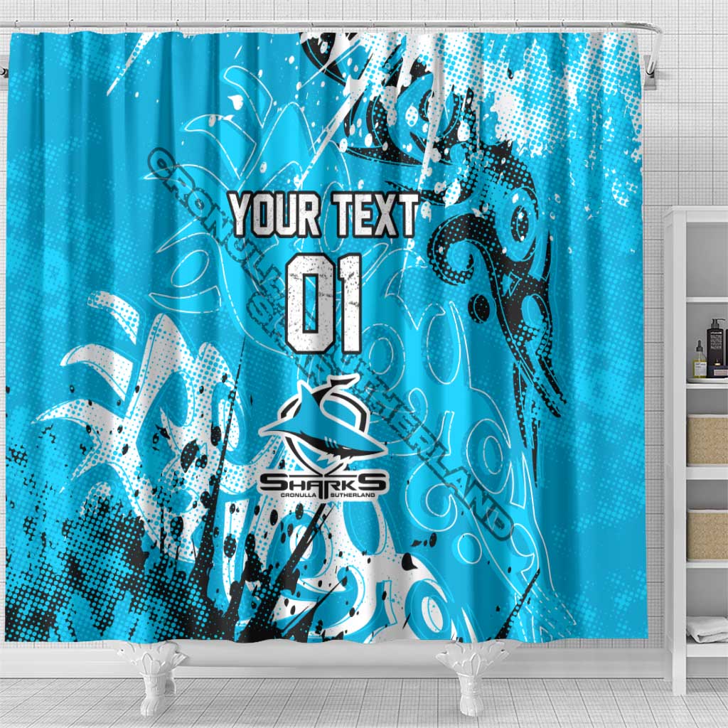 Personalized Cronulla-Sutherland Sharks Rugby Shower Curtain Urban Street Graffiti Style - Distressed Splatter Elements