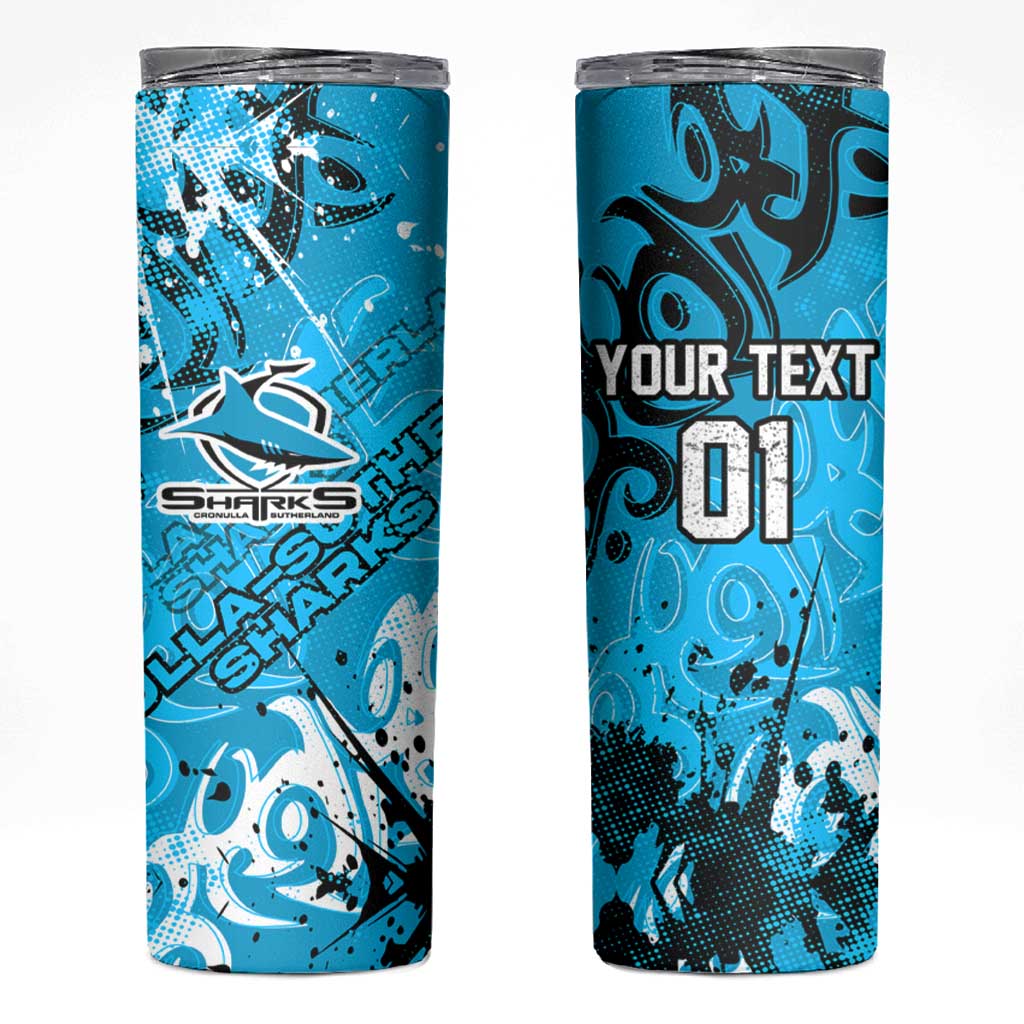 Personalized Cronulla-Sutherland Sharks Rugby Skinny Tumbler Urban Street Graffiti Style - Distressed Splatter Elements