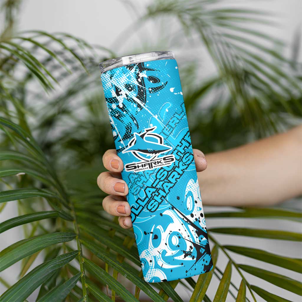 Personalized Cronulla-Sutherland Sharks Rugby Skinny Tumbler Urban Street Graffiti Style - Distressed Splatter Elements