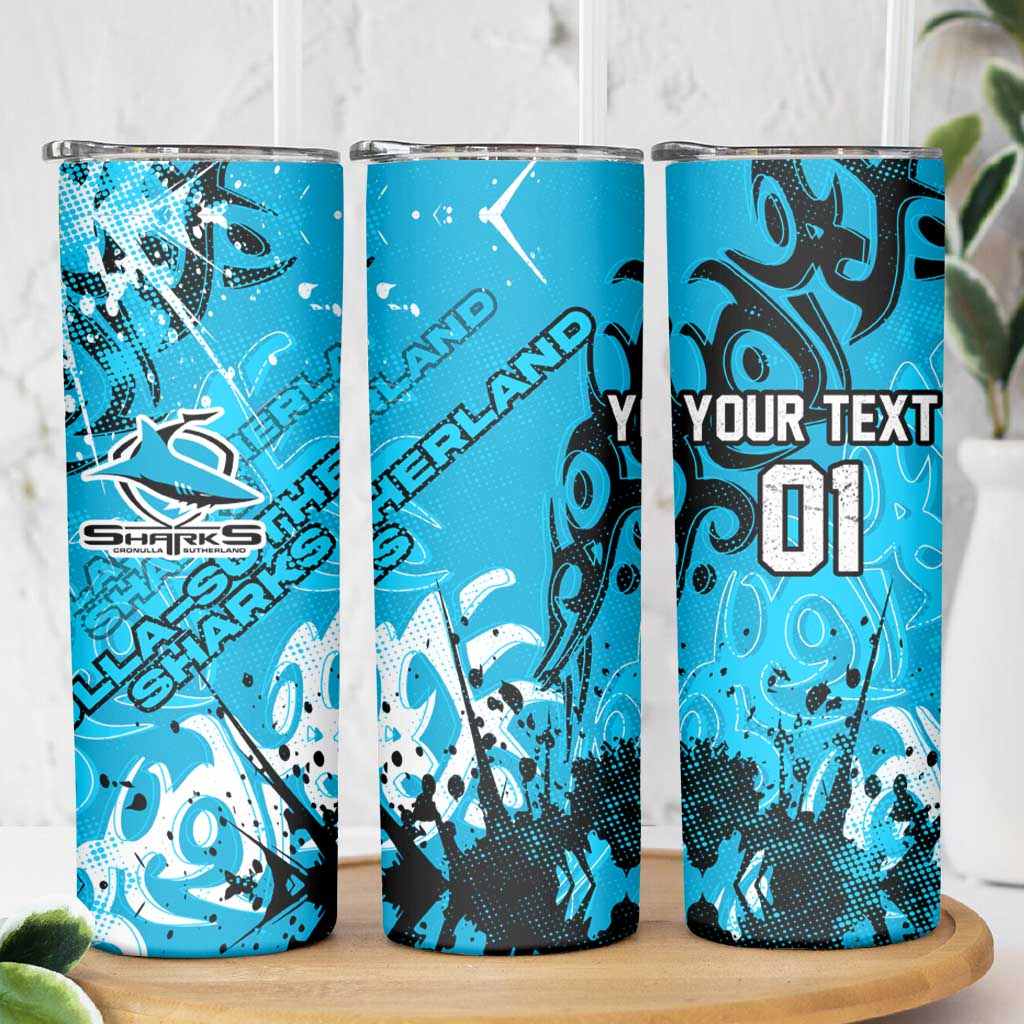 Personalized Cronulla-Sutherland Sharks Rugby Skinny Tumbler Urban Street Graffiti Style - Distressed Splatter Elements