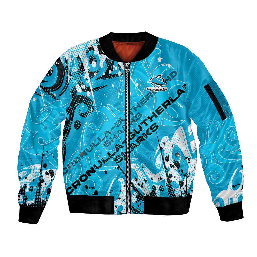 Personalized Cronulla-Sutherland Sharks Rugby Sleeve Zip Bomber Jacket Urban Street Graffiti Style - Distressed Splatter Elements