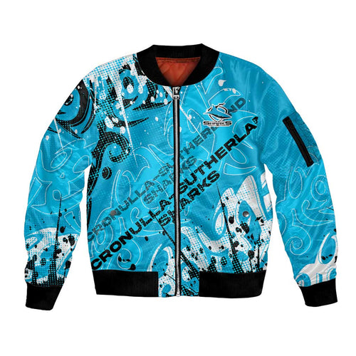 Personalized Cronulla-Sutherland Sharks Rugby Sleeve Zip Bomber Jacket Urban Street Graffiti Style - Distressed Splatter Elements