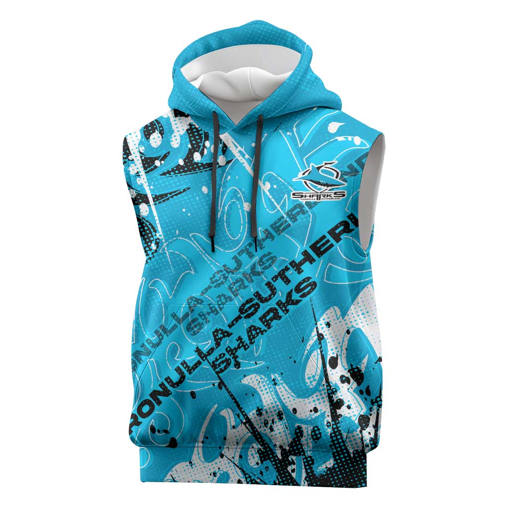 Personalized Cronulla-Sutherland Sharks Rugby Sleeveless Hoodie Urban Street Graffiti Style - Distressed Splatter Elements
