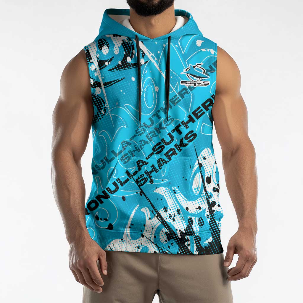 Personalized Cronulla-Sutherland Sharks Rugby Sleeveless Hoodie Urban Street Graffiti Style - Distressed Splatter Elements
