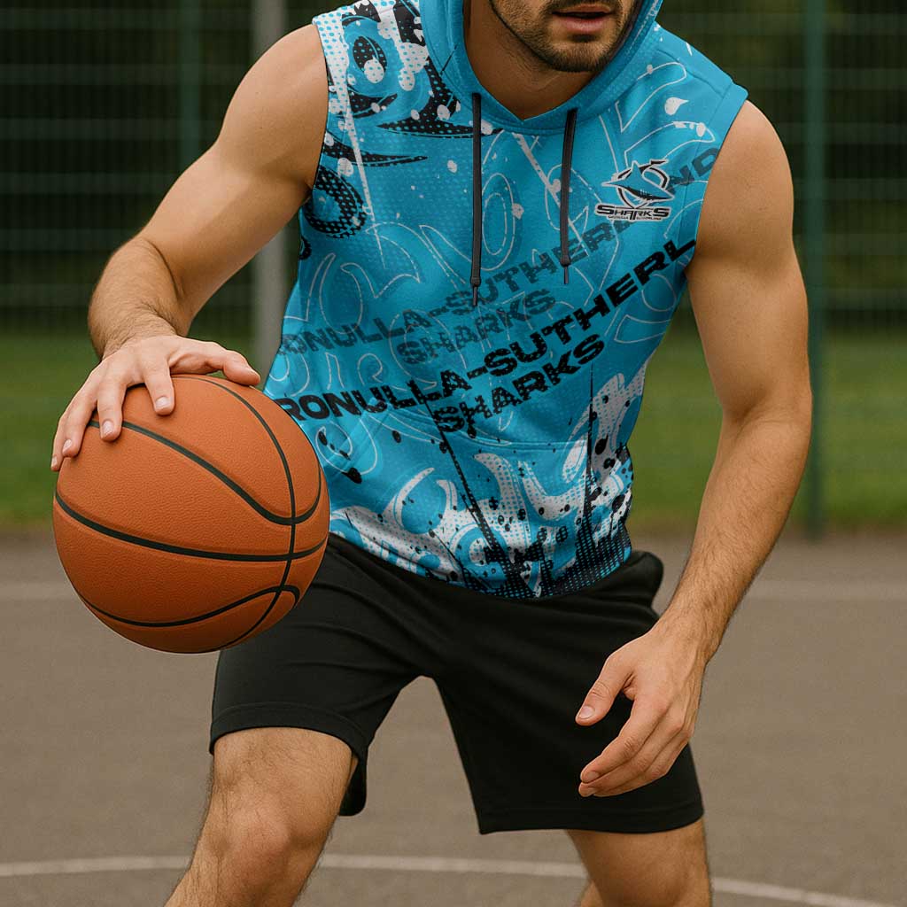 Personalized Cronulla-Sutherland Sharks Rugby Sleeveless Hoodie Urban Street Graffiti Style - Distressed Splatter Elements