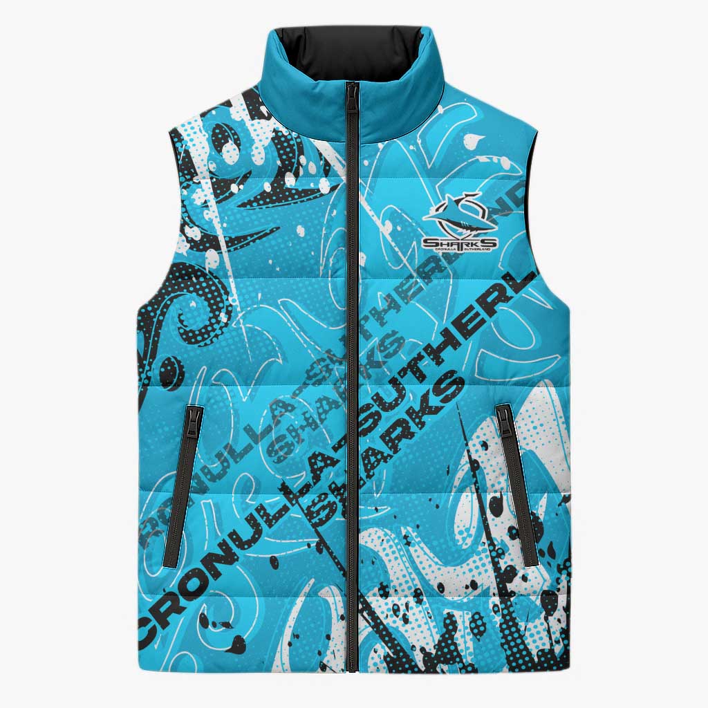 Personalized Cronulla-Sutherland Sharks Rugby Sleeveless Puffer Jacket Urban Street Graffiti Style - Distressed Splatter Elements