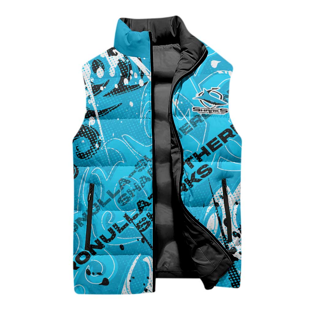 Personalized Cronulla-Sutherland Sharks Rugby Sleeveless Puffer Jacket Urban Street Graffiti Style - Distressed Splatter Elements