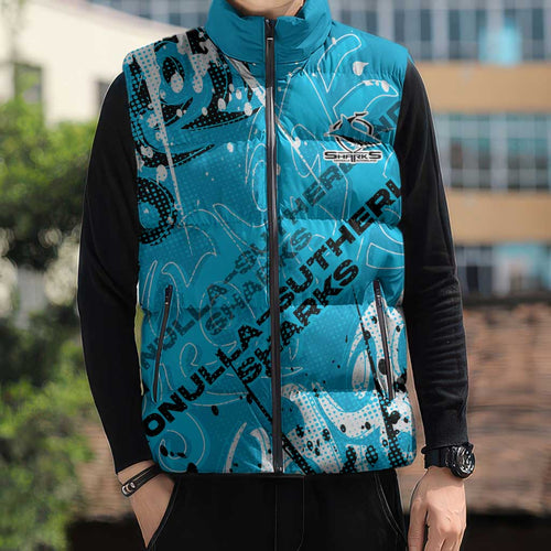Personalized Cronulla-Sutherland Sharks Rugby Sleeveless Puffer Jacket Urban Street Graffiti Style - Distressed Splatter Elements