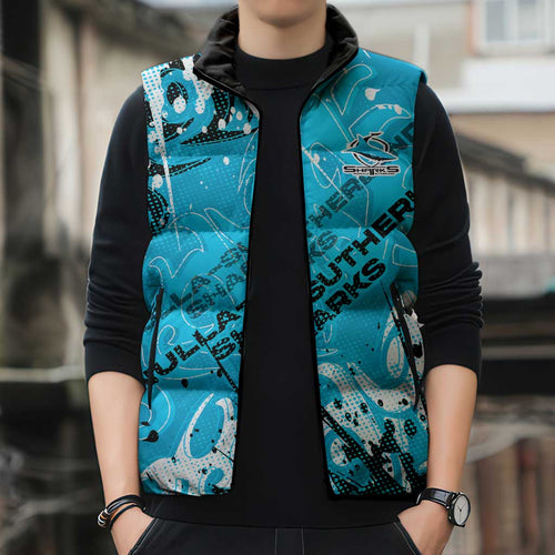 Personalized Cronulla-Sutherland Sharks Rugby Sleeveless Puffer Jacket Urban Street Graffiti Style - Distressed Splatter Elements