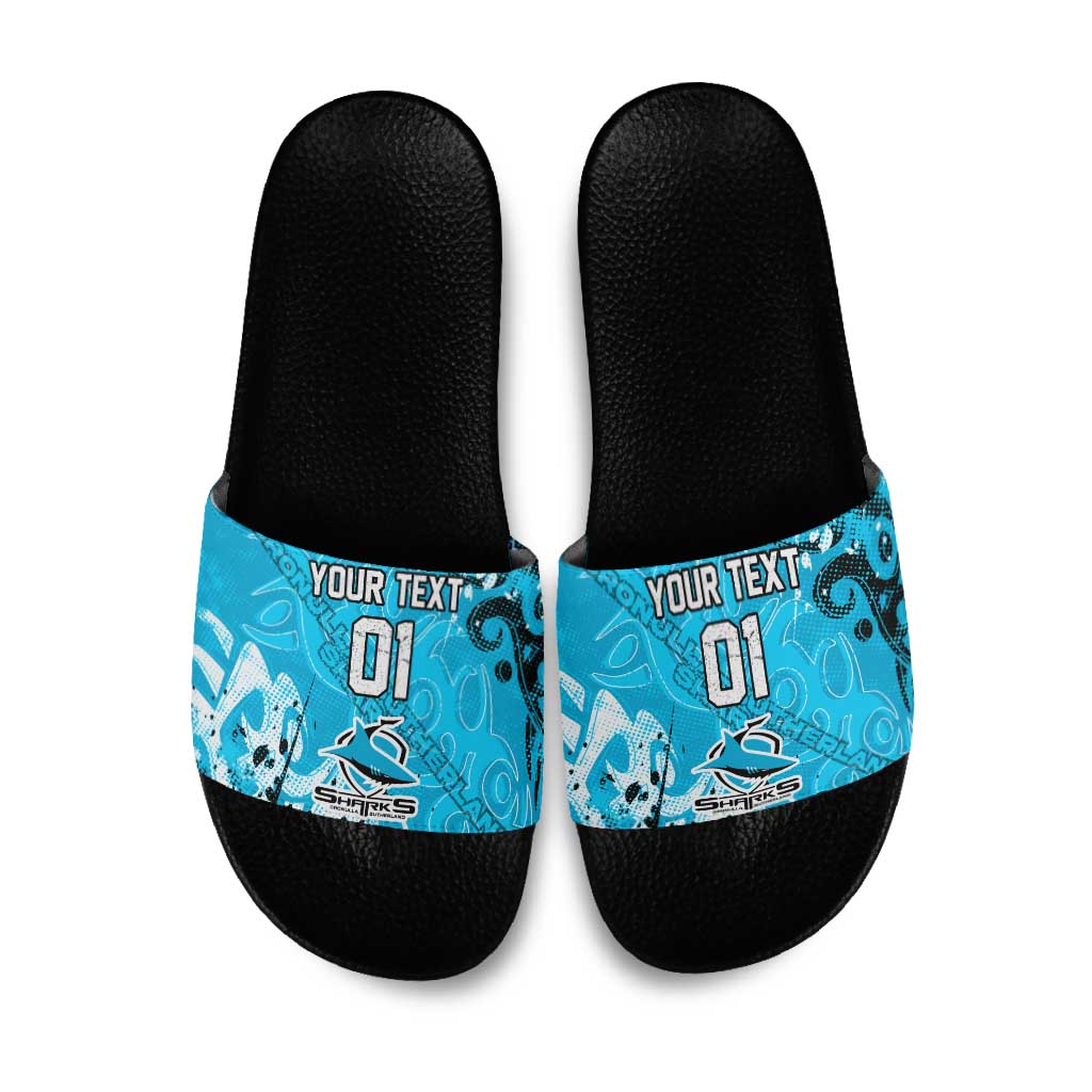 Personalized Cronulla-Sutherland Sharks Rugby Slide Sandals Urban Street Graffiti Style - Distressed Splatter Elements