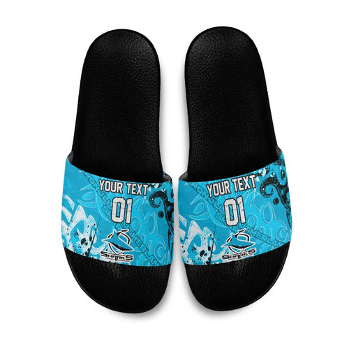 Personalized Cronulla-Sutherland Sharks Rugby Slide Sandals Urban Street Graffiti Style - Distressed Splatter Elements