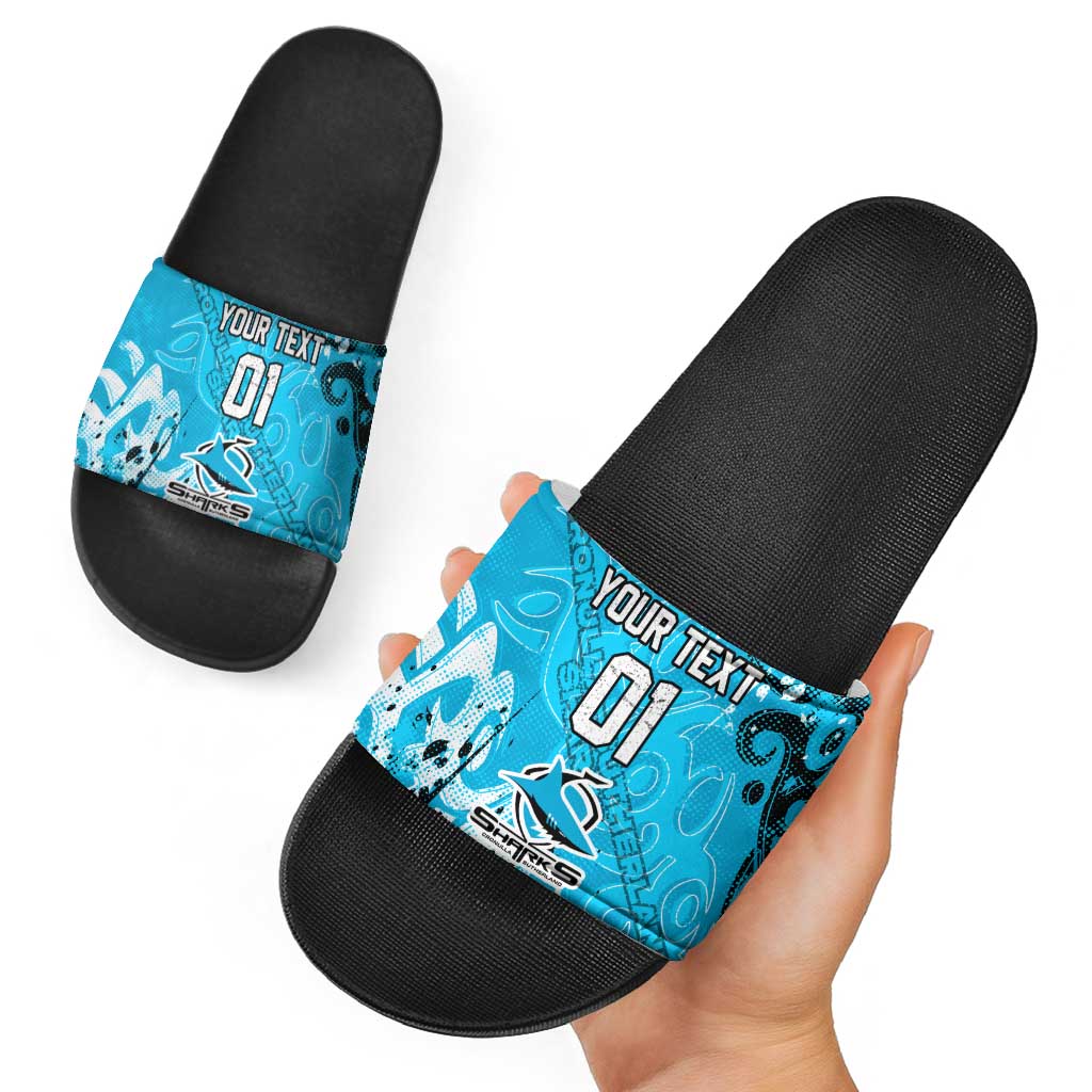 Personalized Cronulla-Sutherland Sharks Rugby Slide Sandals Urban Street Graffiti Style - Distressed Splatter Elements