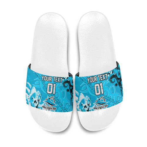 Personalized Cronulla-Sutherland Sharks Rugby Slide Sandals Urban Street Graffiti Style - Distressed Splatter Elements