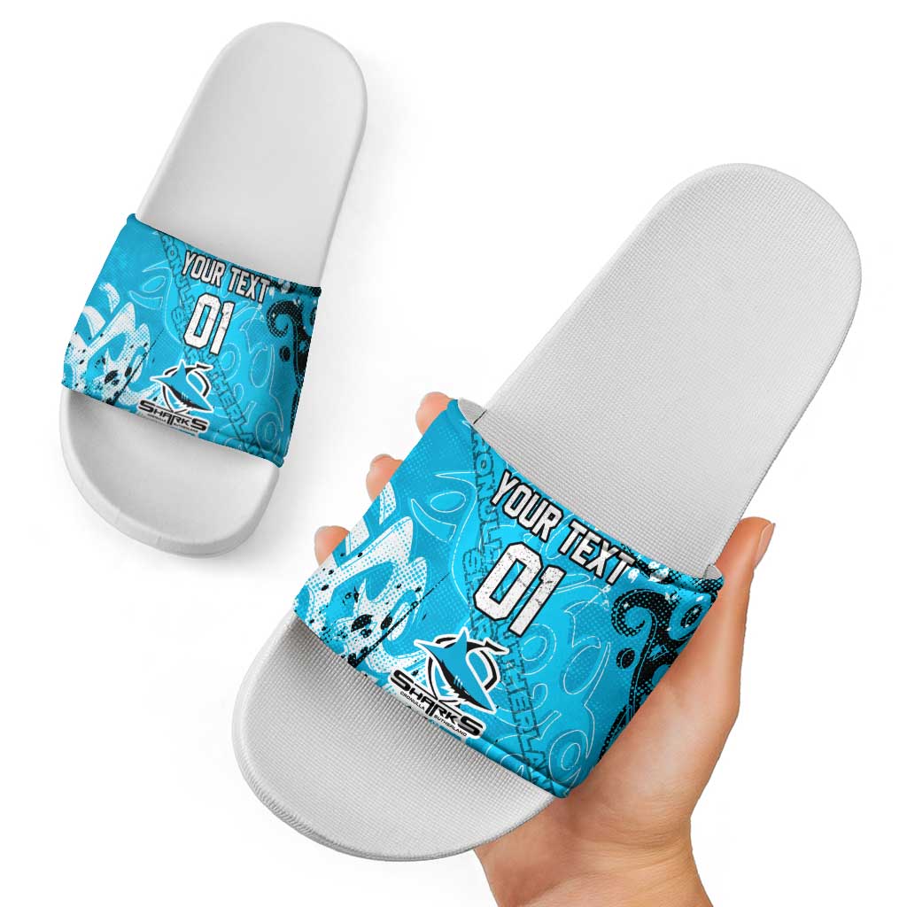 Personalized Cronulla-Sutherland Sharks Rugby Slide Sandals Urban Street Graffiti Style - Distressed Splatter Elements