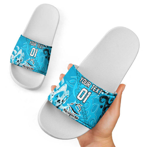 Personalized Cronulla-Sutherland Sharks Rugby Slide Sandals Urban Street Graffiti Style - Distressed Splatter Elements