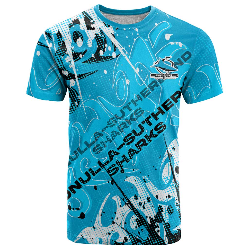 Personalized Cronulla-Sutherland Sharks Rugby T Shirt Urban Street Graffiti Style - Distressed Splatter Elements