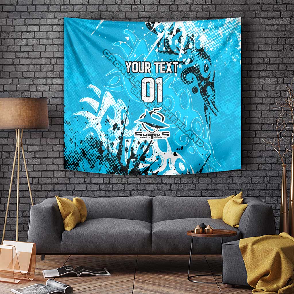 Personalized Cronulla-Sutherland Sharks Rugby Tapestry Urban Street Graffiti Style - Distressed Splatter Elements