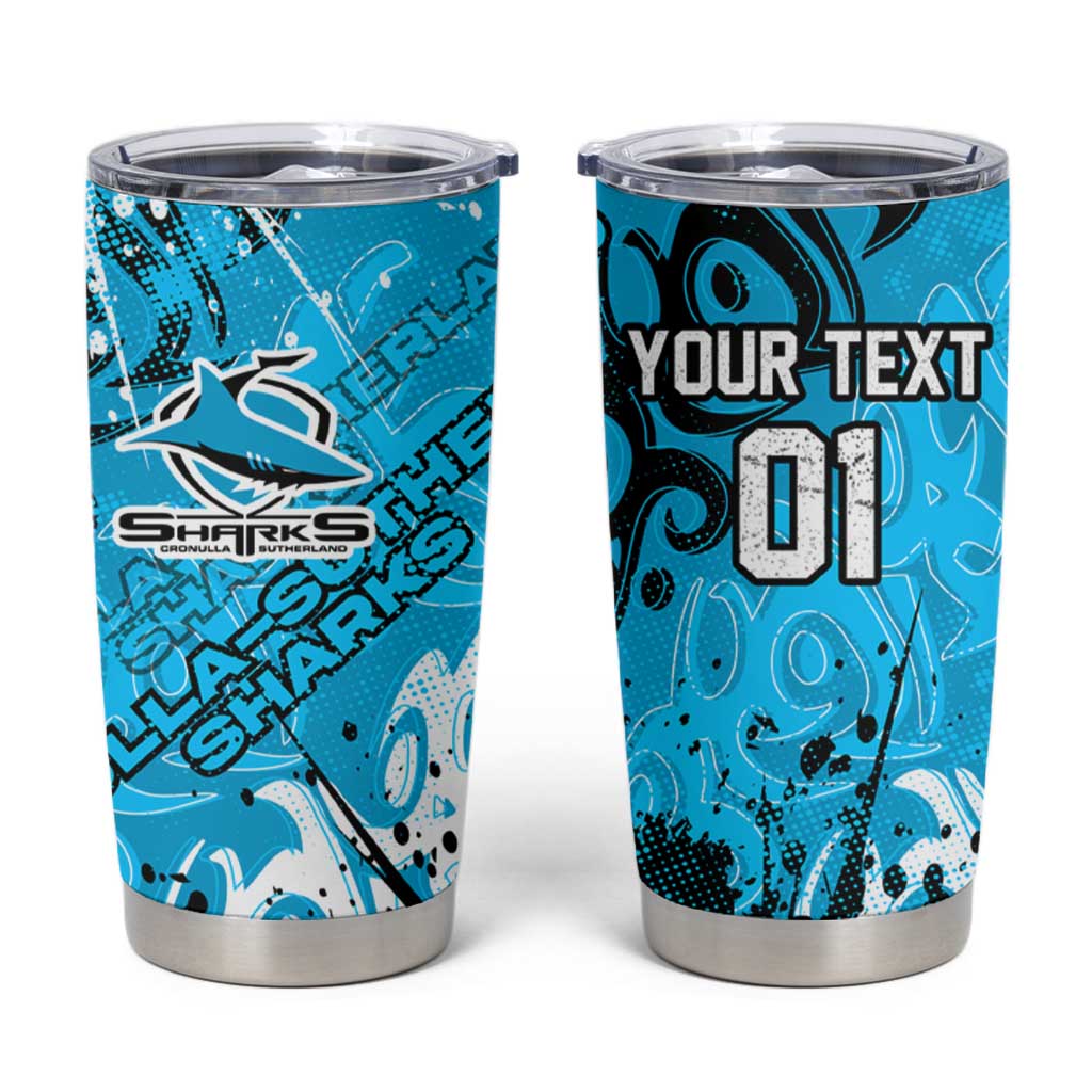 Personalized Cronulla-Sutherland Sharks Rugby Tumbler Cup Urban Street Graffiti Style - Distressed Splatter Elements