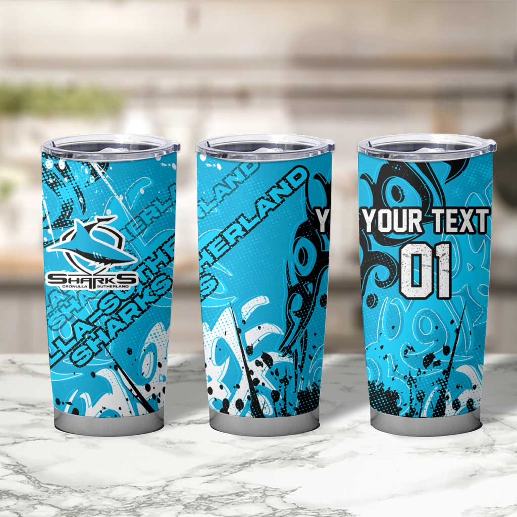 Personalized Cronulla-Sutherland Sharks Rugby Tumbler Cup Urban Street Graffiti Style - Distressed Splatter Elements