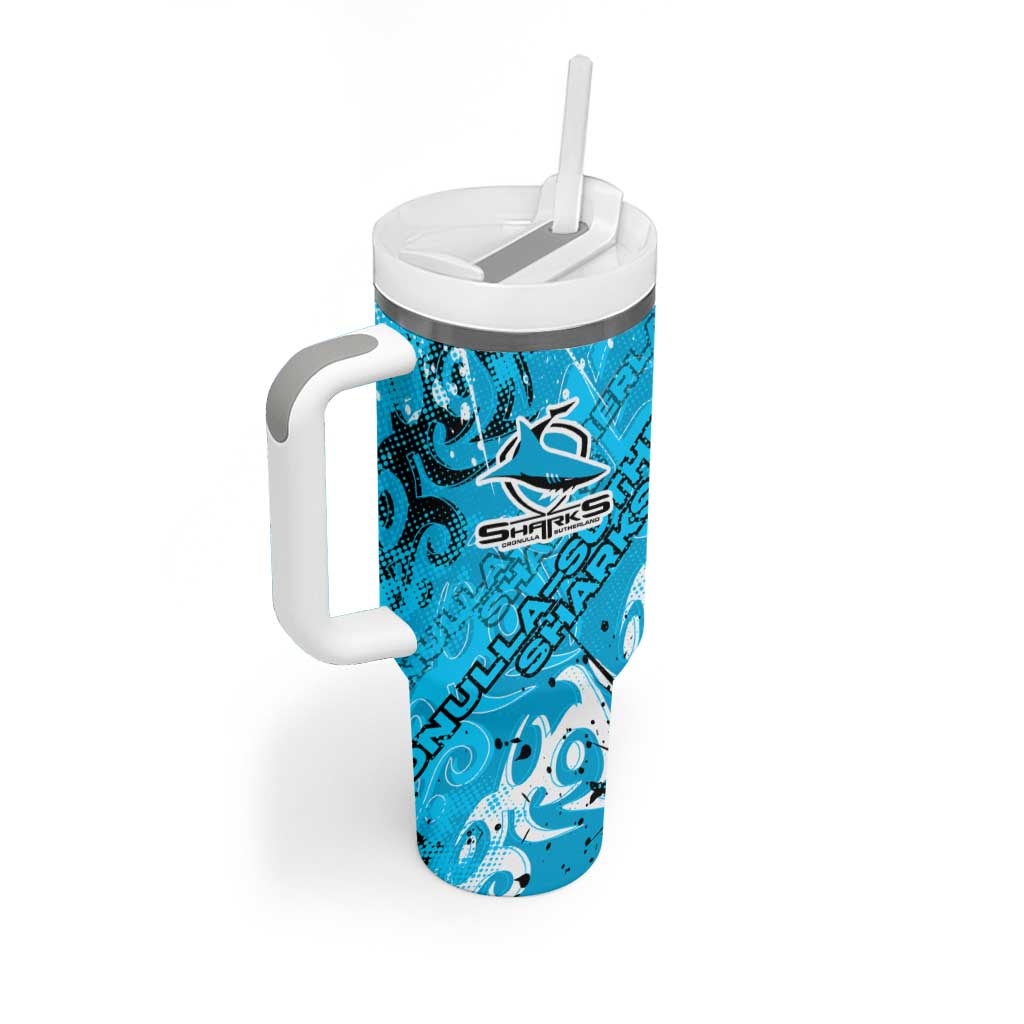 Personalized Cronulla-Sutherland Sharks Rugby Tumbler With Handle Urban Street Graffiti Style - Distressed Splatter Elements