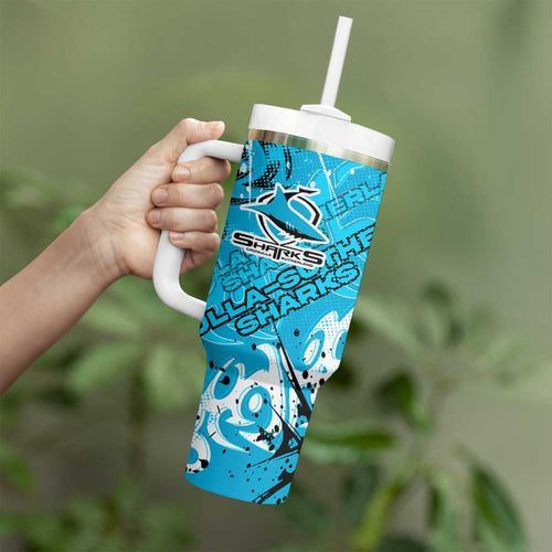 Personalized Cronulla-Sutherland Sharks Rugby Tumbler With Handle Urban Street Graffiti Style - Distressed Splatter Elements