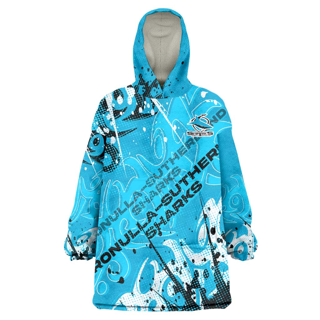 Personalized Cronulla-Sutherland Sharks Rugby Wearable Blanket Hoodie Urban Street Graffiti Style - Distressed Splatter Elements