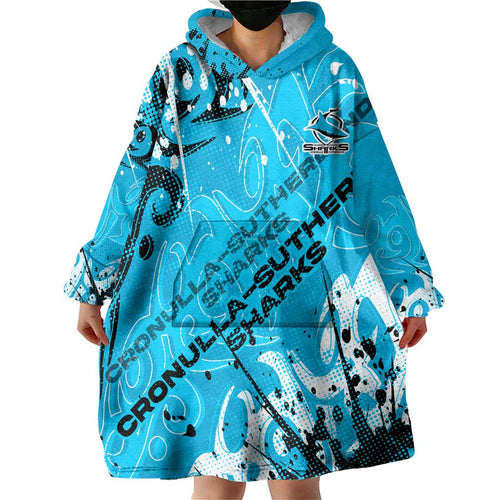 Personalized Cronulla-Sutherland Sharks Rugby Wearable Blanket Hoodie Urban Street Graffiti Style - Distressed Splatter Elements
