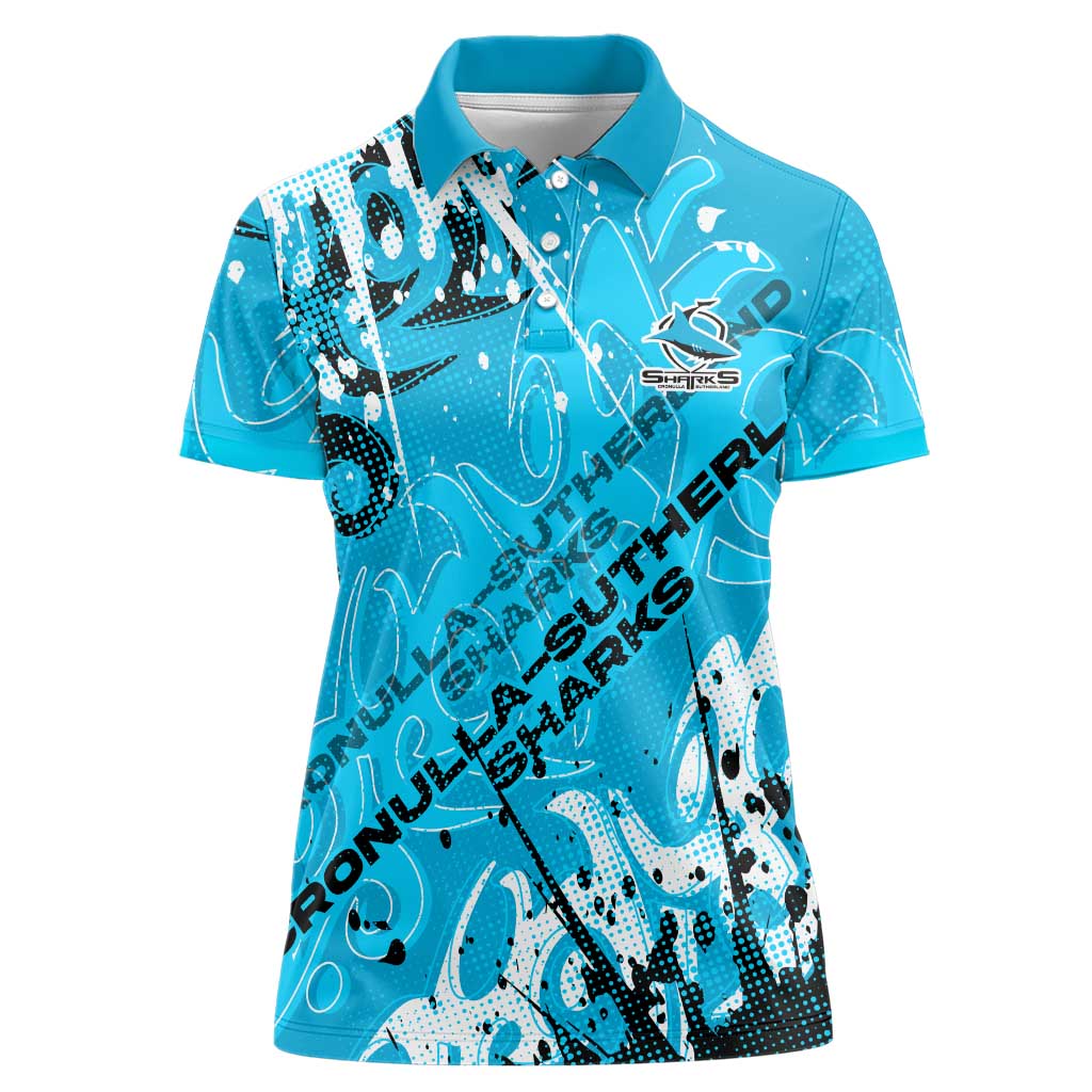 Personalized Cronulla-Sutherland Sharks Rugby Women Polo Shirt Urban Street Graffiti Style - Distressed Splatter Elements