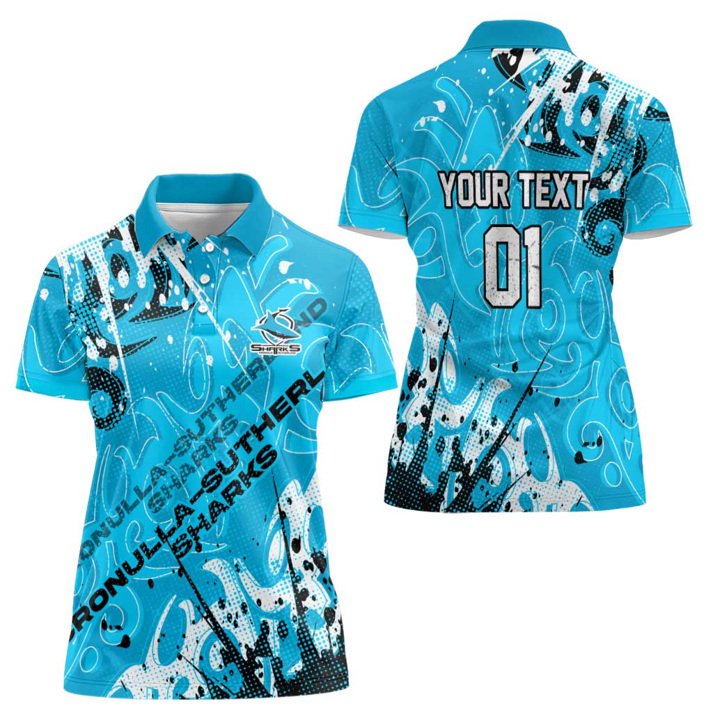 Personalized Cronulla-Sutherland Sharks Rugby Women Polo Shirt Urban Street Graffiti Style - Distressed Splatter Elements