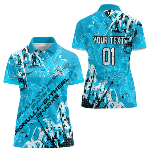 Personalized Cronulla-Sutherland Sharks Rugby Women Polo Shirt Urban Street Graffiti Style - Distressed Splatter Elements