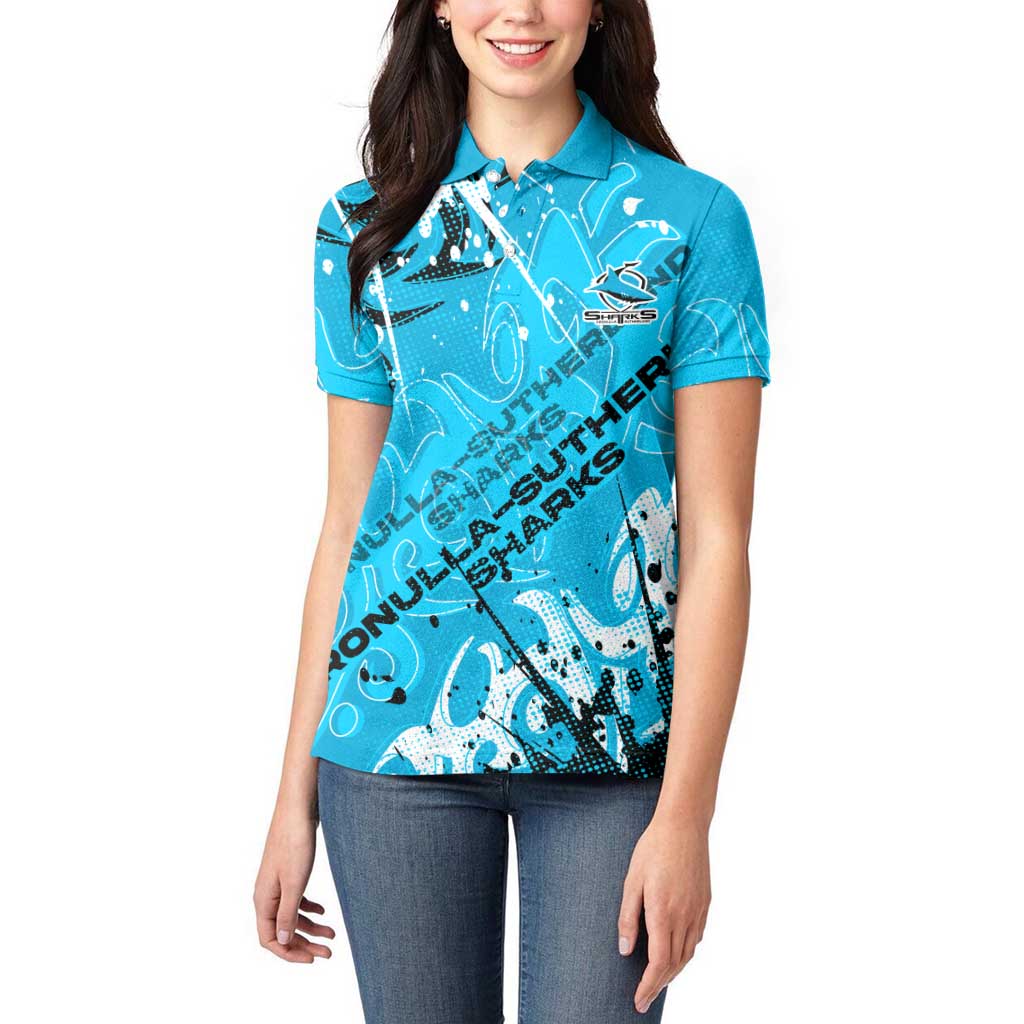 Personalized Cronulla-Sutherland Sharks Rugby Women Polo Shirt Urban Street Graffiti Style - Distressed Splatter Elements