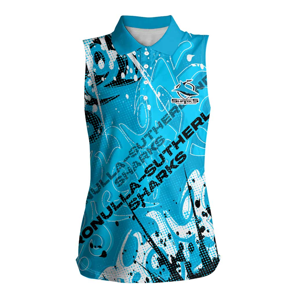 Personalized Cronulla-Sutherland Sharks Rugby Women Sleeveless Polo Shirt Urban Street Graffiti Style - Distressed Splatter Elements