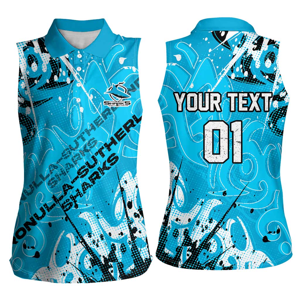 Personalized Cronulla-Sutherland Sharks Rugby Women Sleeveless Polo Shirt Urban Street Graffiti Style - Distressed Splatter Elements