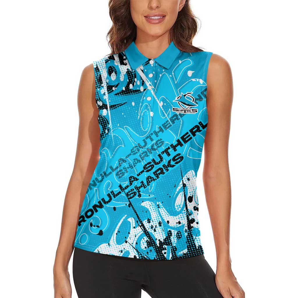 Personalized Cronulla-Sutherland Sharks Rugby Women Sleeveless Polo Shirt Urban Street Graffiti Style - Distressed Splatter Elements