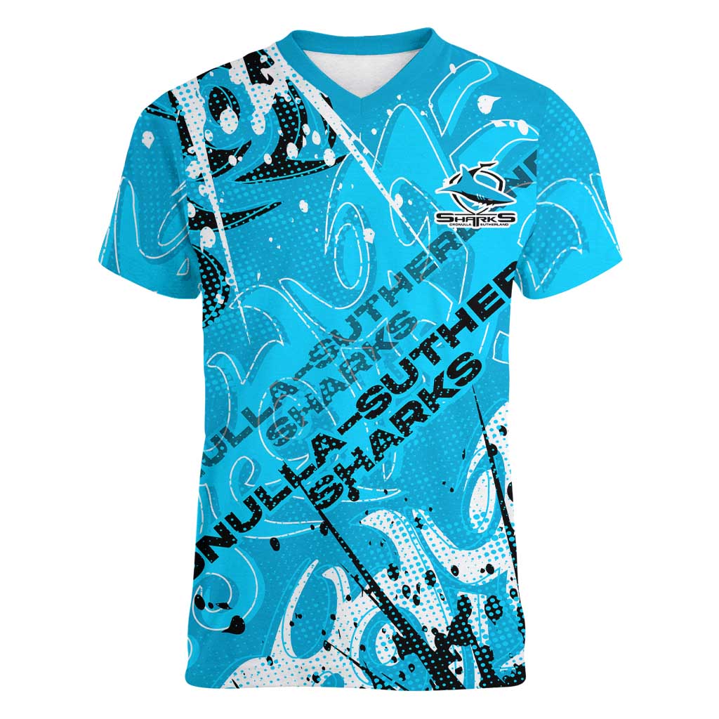 Personalized Cronulla-Sutherland Sharks Rugby Women V-Neck T-Shirt Urban Street Graffiti Style - Distressed Splatter Elements