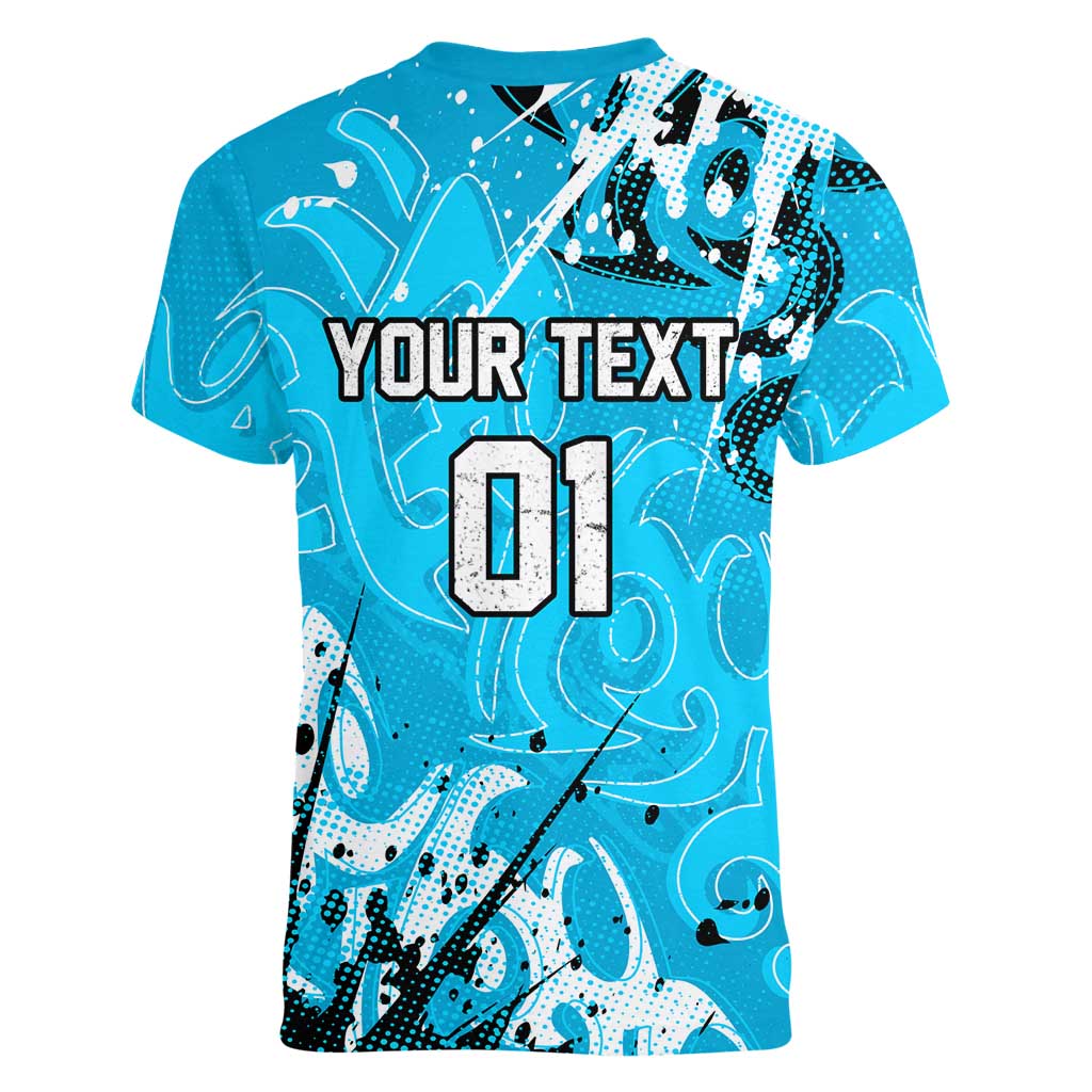 Personalized Cronulla-Sutherland Sharks Rugby Women V-Neck T-Shirt Urban Street Graffiti Style - Distressed Splatter Elements
