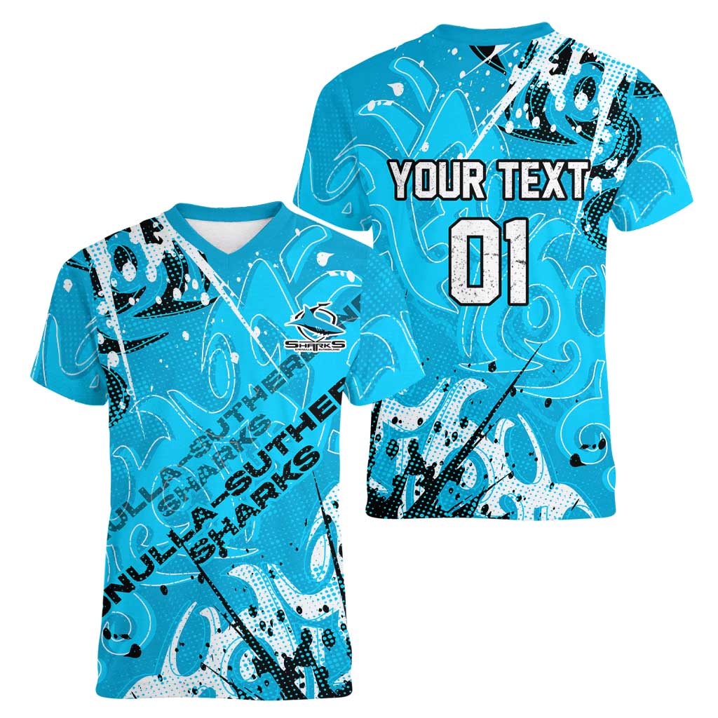 Personalized Cronulla-Sutherland Sharks Rugby Women V-Neck T-Shirt Urban Street Graffiti Style - Distressed Splatter Elements