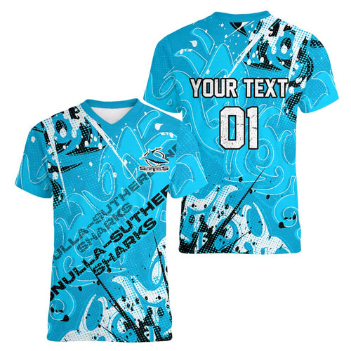 Personalized Cronulla-Sutherland Sharks Rugby Women V-Neck T-Shirt Urban Street Graffiti Style - Distressed Splatter Elements